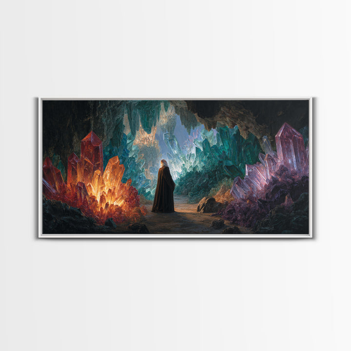 Glowing Crystal Cavern Wall Art, Fantasy Cave Canvas Print, Jewel Tone Decor, Mystical Landscape, Unique Gift For Her Decor
