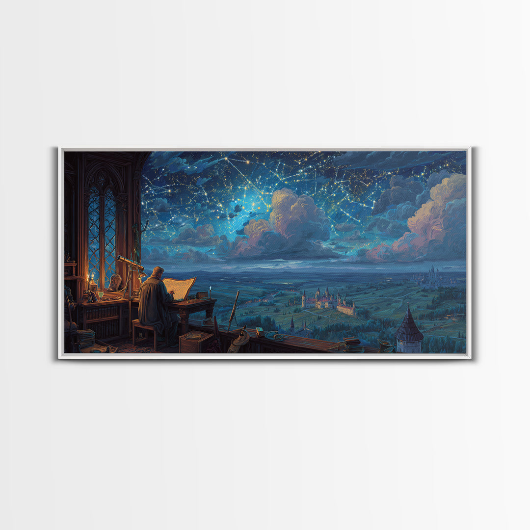 Scholar Studying A Starry Medieval Sky Wall Art, Gothic Library Decor, Fantasy Castle Landscape, Dark Academia Print, Book Lover Gift