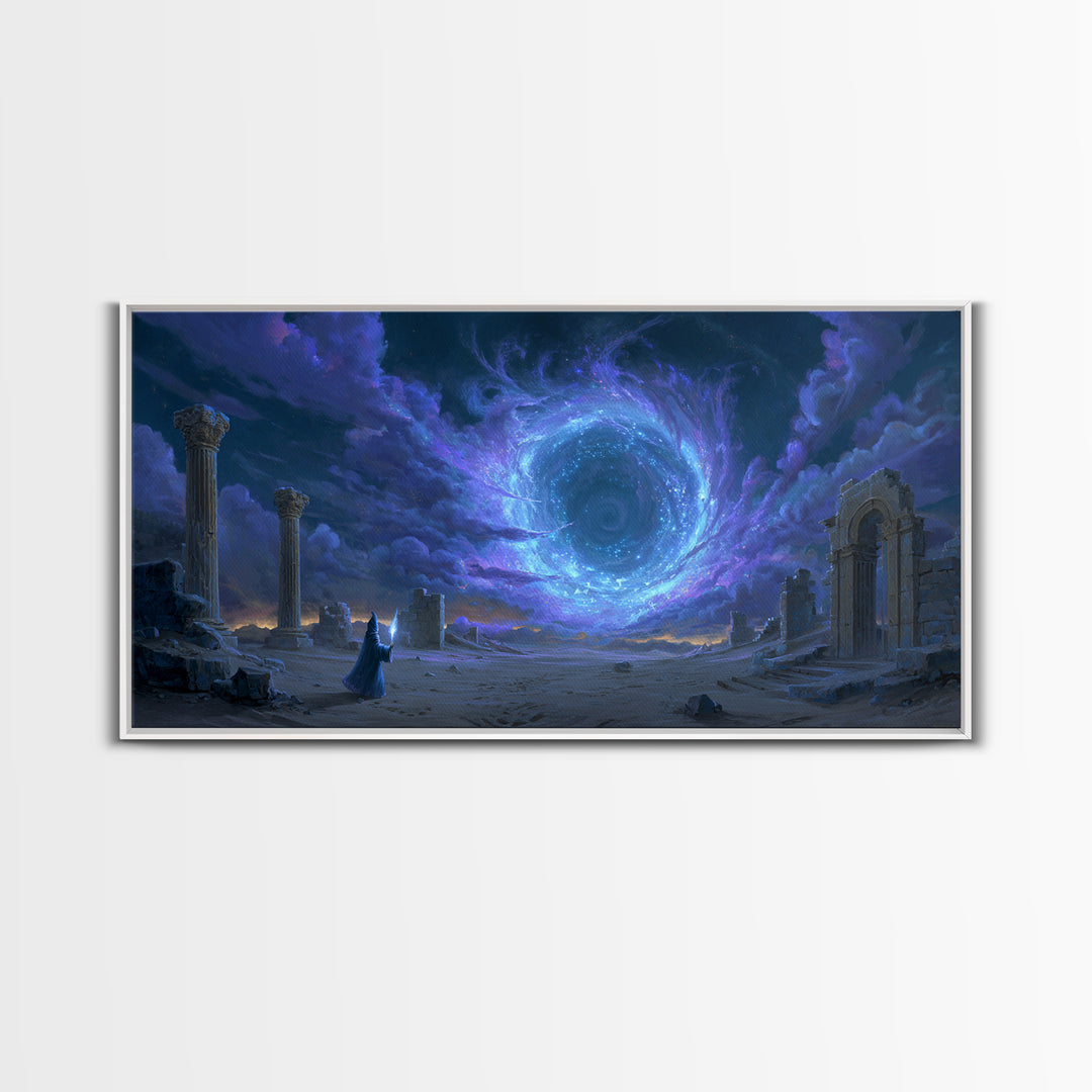 Wizard Portal Ruins Wall Art, Cosmic Vortex Fantasy Canvas, Mystical Dark Magic Decor, Surreal Landscape Art Print For Game Room