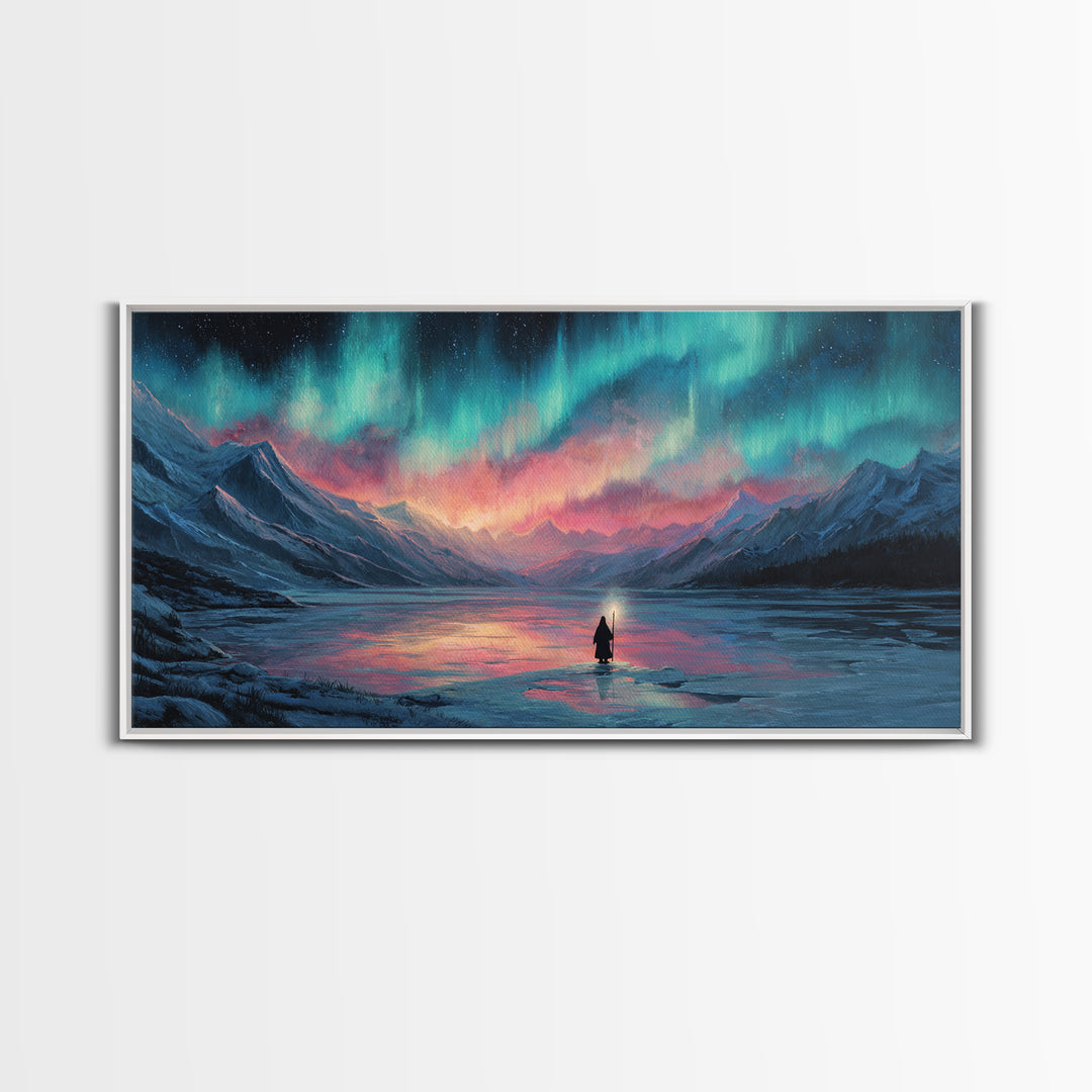 Northern Lights Over Mountain Lake Canvas Print, Aurora Wall Art, Peaceful Landscape For Cabin Decor And Above Bed Wall Decor