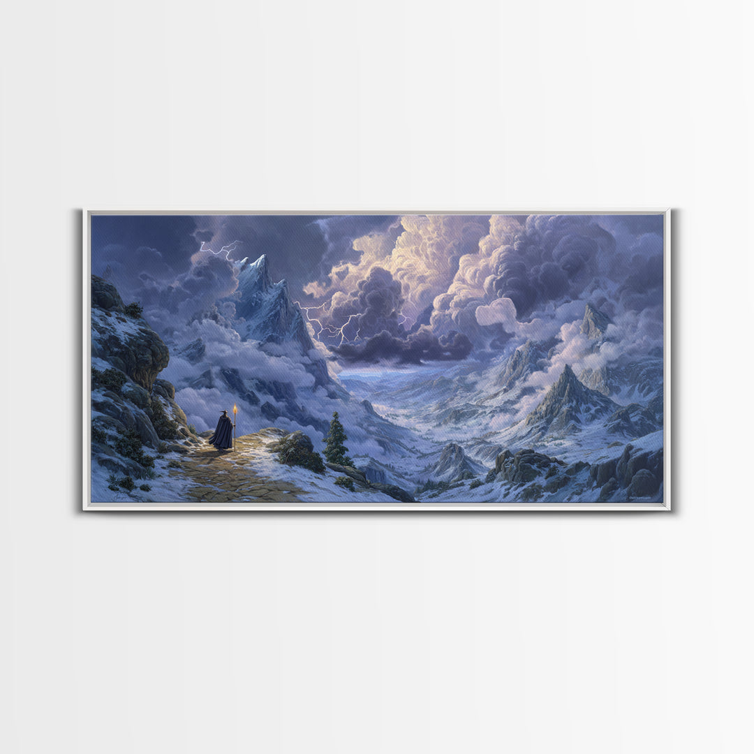 Snowy Mountain Wizard Wall Art, Epic Fantasy Canvas Print, Dungeons And Dragons Decor, Winter Landscape, Gamer Gift, Gift For Him