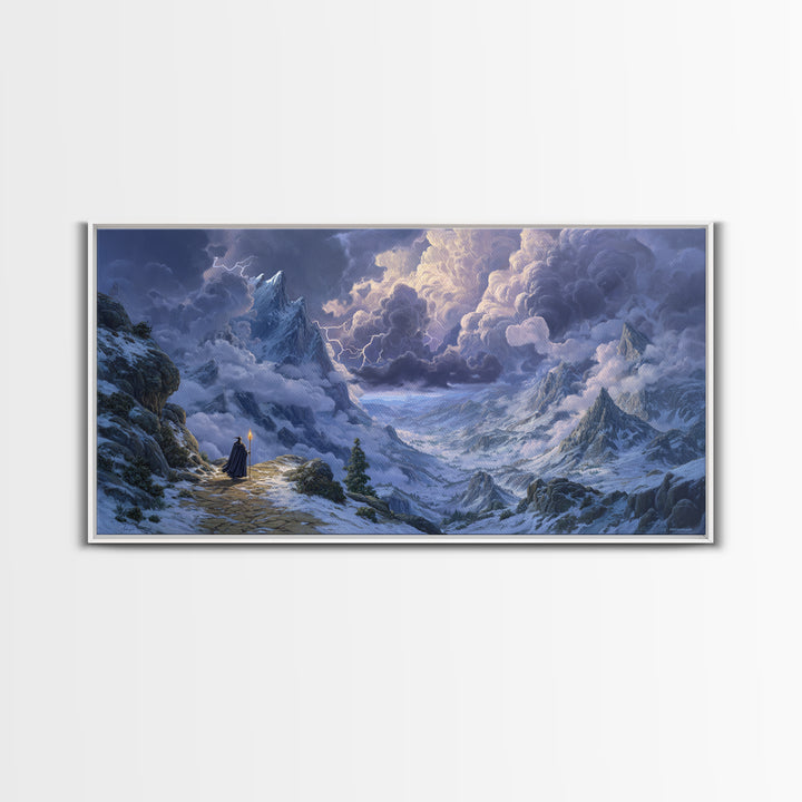 Snowy Mountain Wizard Wall Art, Epic Fantasy Canvas Print, Dungeons And Dragons Decor, Winter Landscape, Gamer Gift, Gift For Him