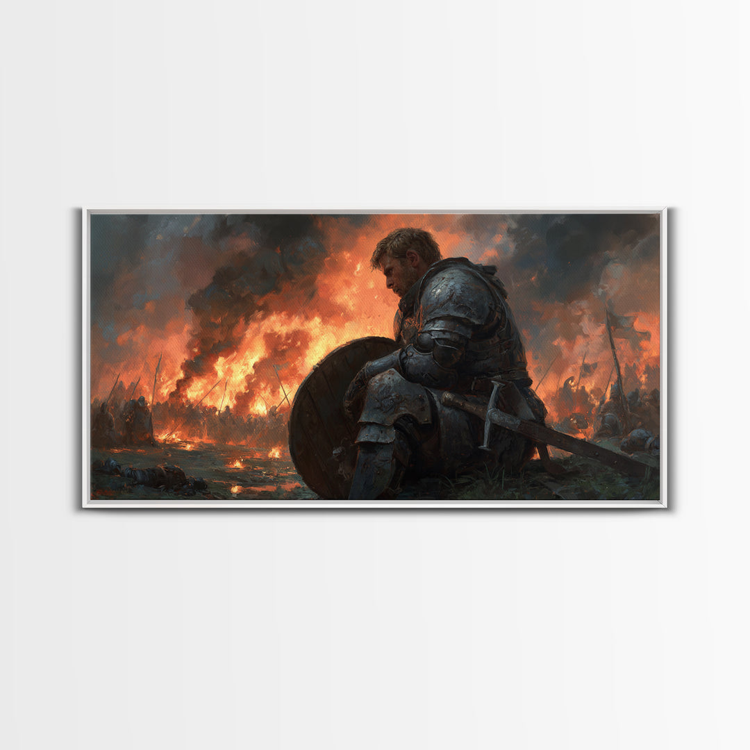 Wounded Medieval Knight On Burning Battlefield Wall Art, Dark Fantasy Warrior Canvas, Gothic Man Cave Decor, Gift For Him