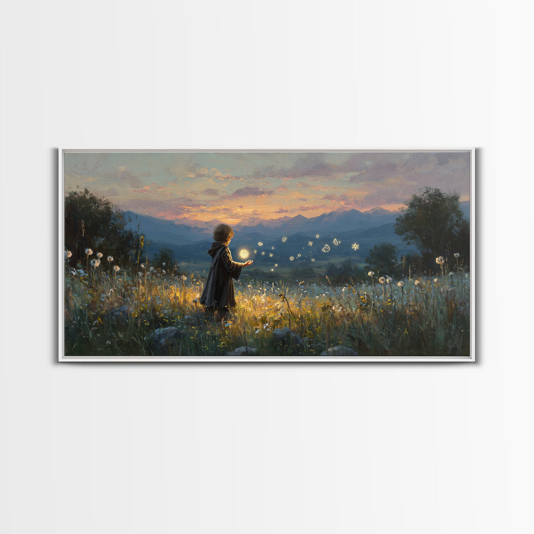 Child With Fireflies In Wildflower Meadow Wall Art, Whimsical Landscape Canvas Print, Nursery Decor, Magical Nature Gift