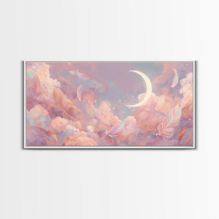 Crescent Moon And Pastel Feather Clouds Canvas Print, Celestial Wall Art, Soft Pink Nursery Decor, Dreamy Bedroom Decor, Gift