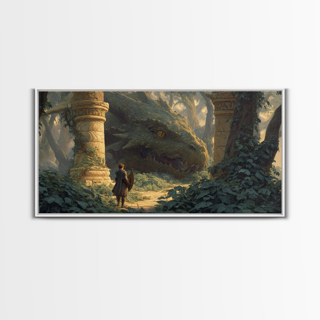 Ancient Forest Dragon Encounter Canvas Print, Fantasy Adventure Artwork, Medieval Ruins Decor, Dragon Art Print, Gift For Gamer