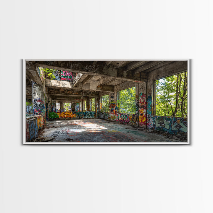 Abandoned Graffiti Warehouse Canvas Print, Urban Decay Wall Art, Industrial Street Art Decor, Edgy Loft Photography Print