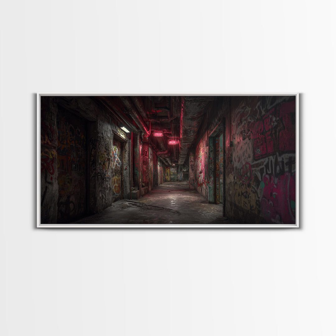 Abandoned Graffiti Corridor With Red Neon Wall Art, Urban Street Art, Industrial Decor, Grunge Poster, Office Wall Decor