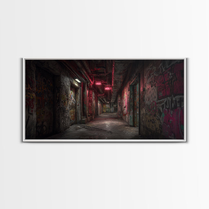 Abandoned Graffiti Corridor With Red Neon Wall Art, Urban Street Art, Industrial Decor, Grunge Poster, Office Wall Decor