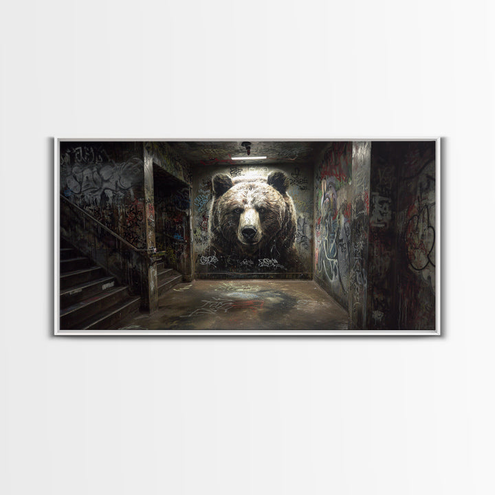 Giant Bear Graffiti Tunnel Wall Art, Urban Street Art Print, Edgy Industrial Decor, Modern Office Poster, Wildlife Mural