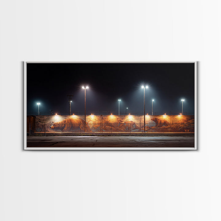 Night Industrial Light Yard Wall Art, Urban Street Photography Style Canvas, Moody Office Decor, Modern Loft Print For Him
