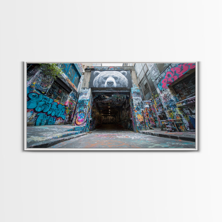 Graffiti Alley Bear Mural Wall Art, Urban Street Art Canvas Print, Bold Modern Decor For Loft, Office, Man Cave, Apartment Wall Decor