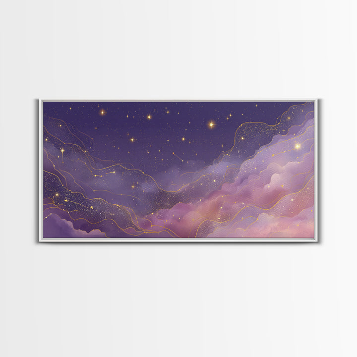 Purple Starry Sky With Gold Constellations Wall Art, Celestial Canvas Print, Mystical Bedroom Decor, Astrology Gift For Her