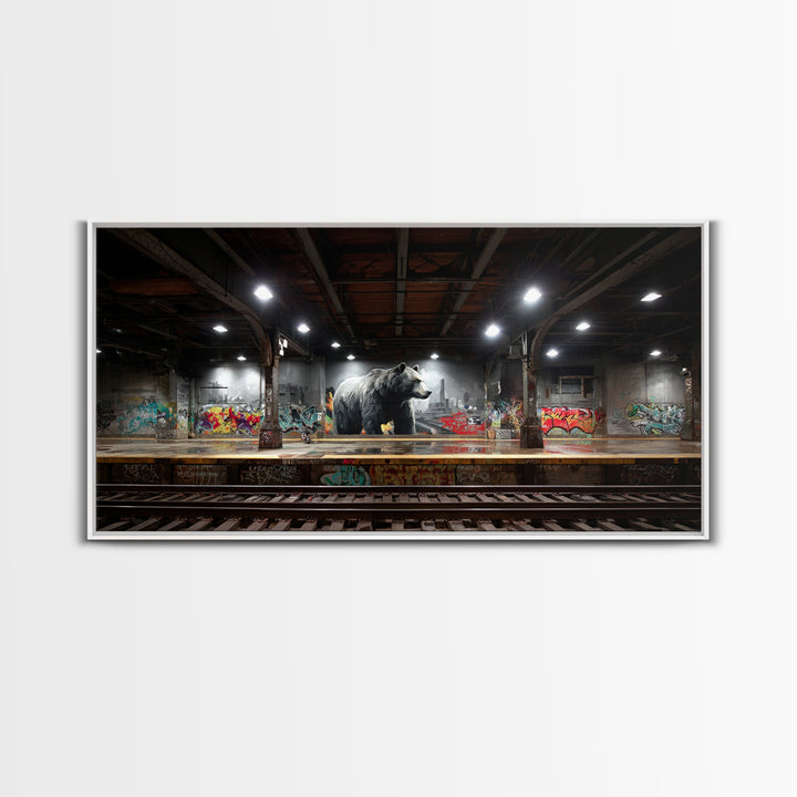 Urban Bear In Graffiti Subway Station Wall Art, Industrial Wildlife Canvas, Modern Street Art Print For Loft And Man Cave Decor