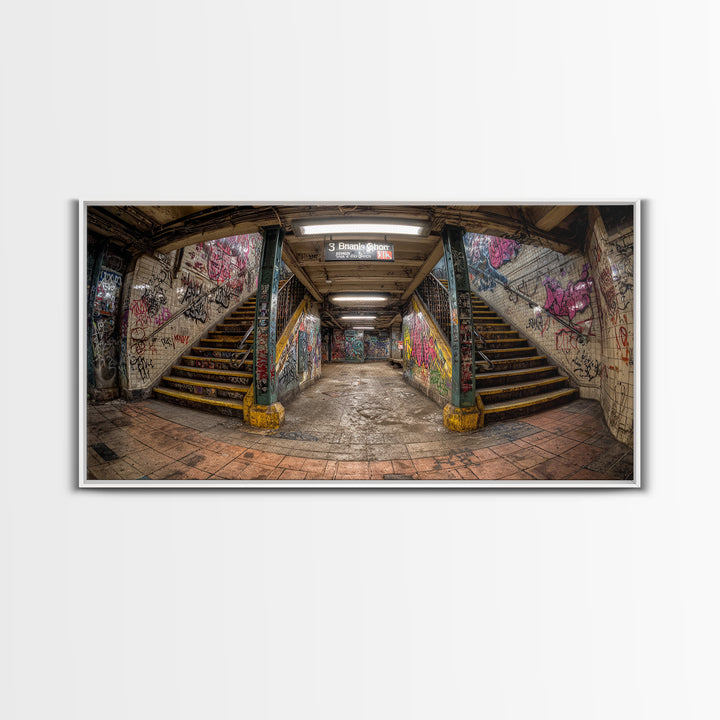 Graffiti Subway Stairwell Framed Canvas Print, Urban Street Art Wall Decor, Gritty Industrial Office Wall Art For Living Room