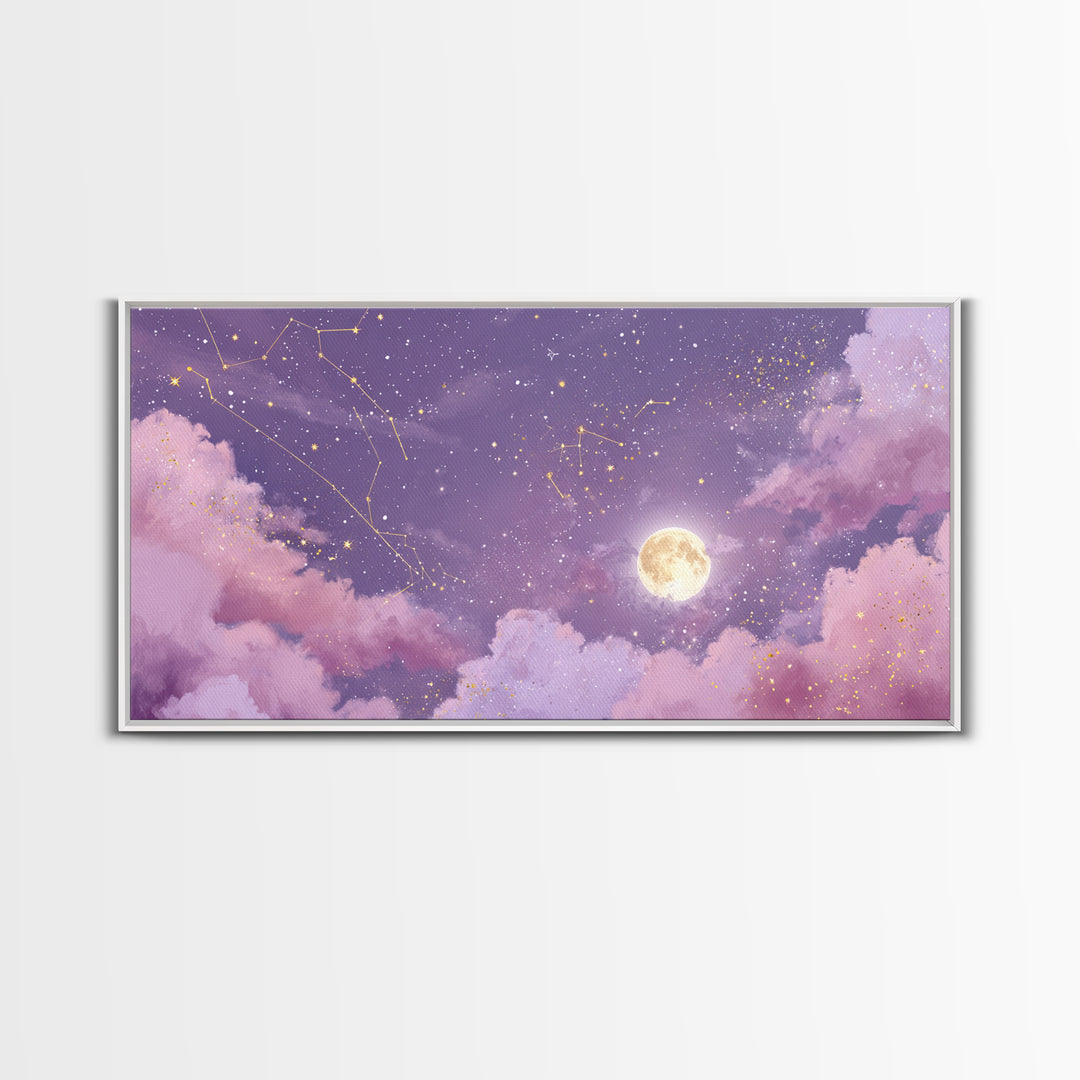 Full Moon Purple Night Sky Wall Art, Gold Constellations And Clouds Canvas Print, Celestial Bedroom Decor Gift, Astrology Wall Decor