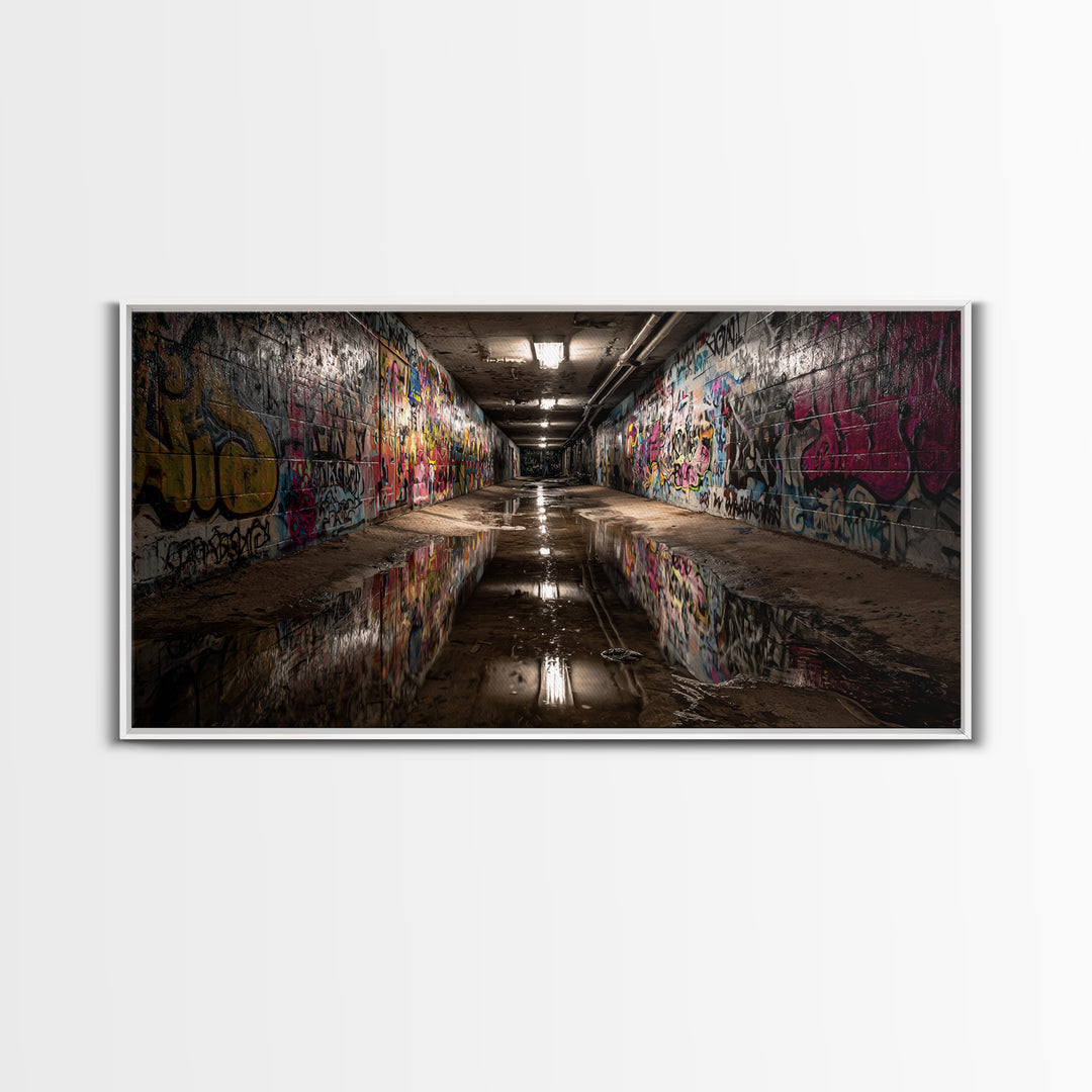 Graffiti Tunnel With Reflective Puddle Wall Art, Urban Street Art Canvas Print, Industrial Decor, Modern Office Wall Decor
