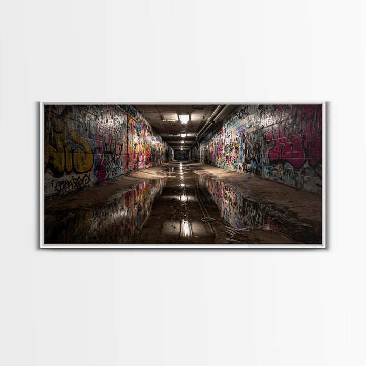 Graffiti Tunnel With Reflective Puddle Wall Art, Urban Street Art Canvas Print, Industrial Decor, Modern Office Wall Decor