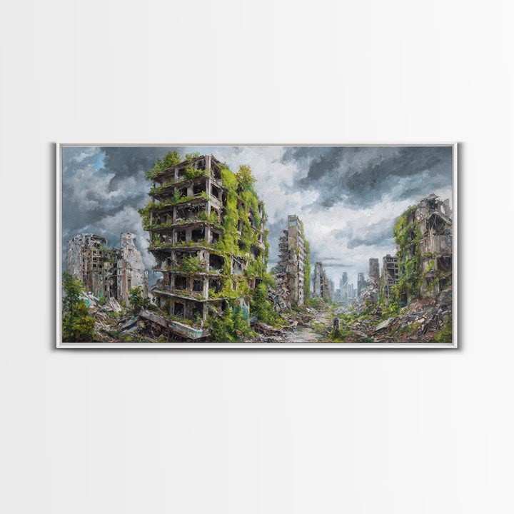 Overgrown Ruined Cityscape Wall Art, Post Apocalyptic Landscape Canvas Print, Urban Nature Decor For Modern Home And Office