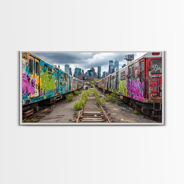 Graffiti Train Yard With City Skyline Wall Art, Urban Street Art Canvas Print, Colorful Industrial Decor, Modern Loft Gift