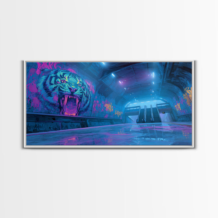 Neon Tiger Subway Canvas Print, Cyberpunk Graffiti Wall Art, Futuristic Blue Pink Gaming Room Decor, Bold Urban Gift For Him