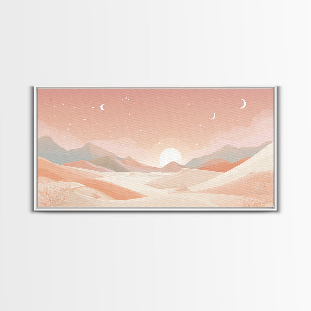 Pastel Desert Sunrise Landscape Canvas Print, Minimalist Mountain Wall Art, Boho Neutral Home Decor For Bedroom And Living Room