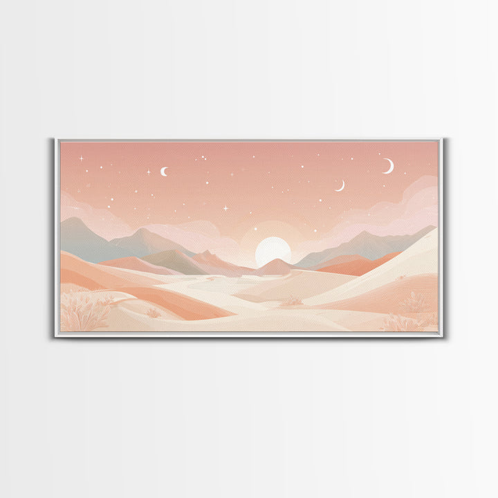 Pastel Desert Sunrise Landscape Canvas Print, Minimalist Mountain Wall Art, Boho Neutral Home Decor For Bedroom And Living Room