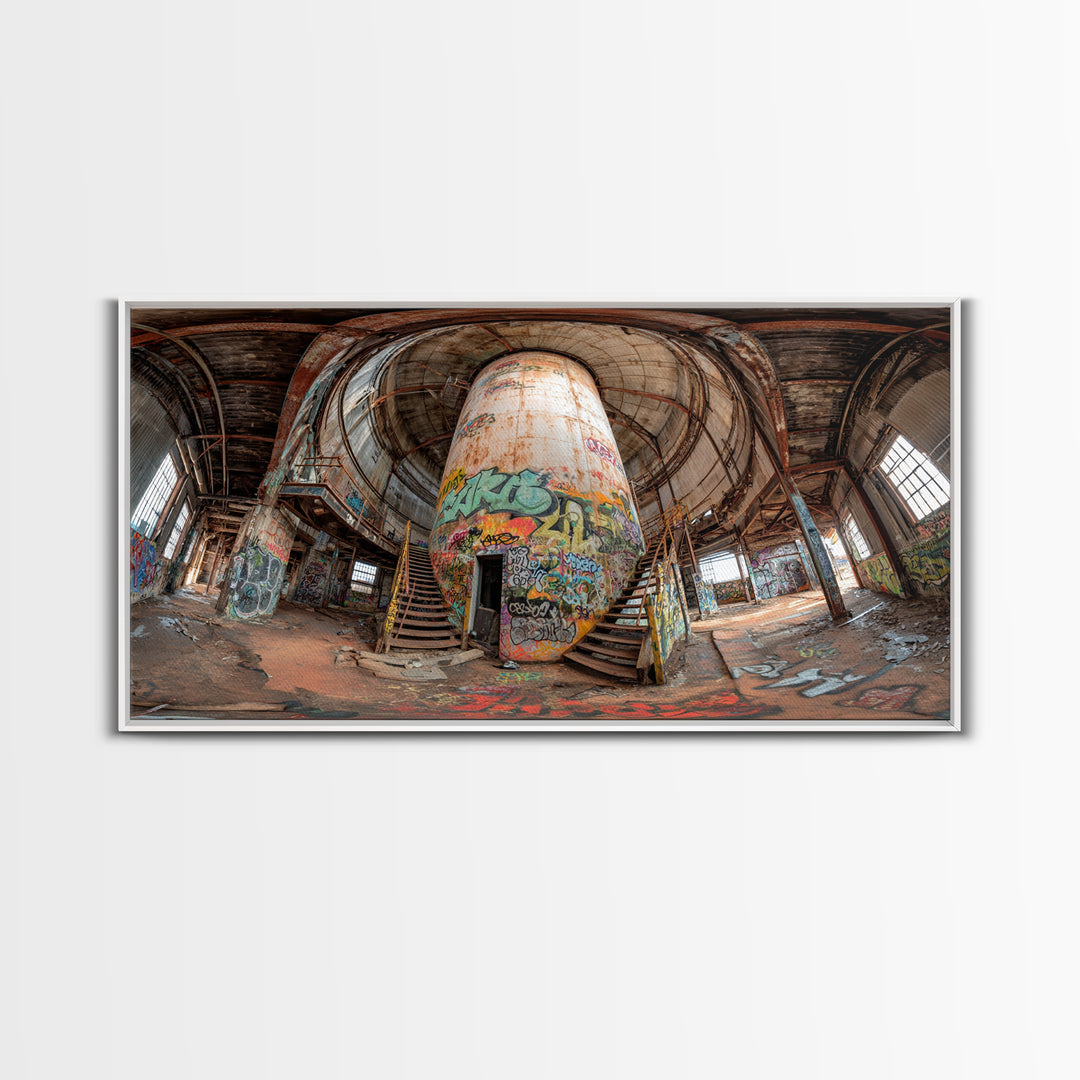 Abandoned Graffiti Silo Wall Art, Urban Industrial Interior Photograph, Street Art Decor, Modern Loft Canvas Print Gift For Home