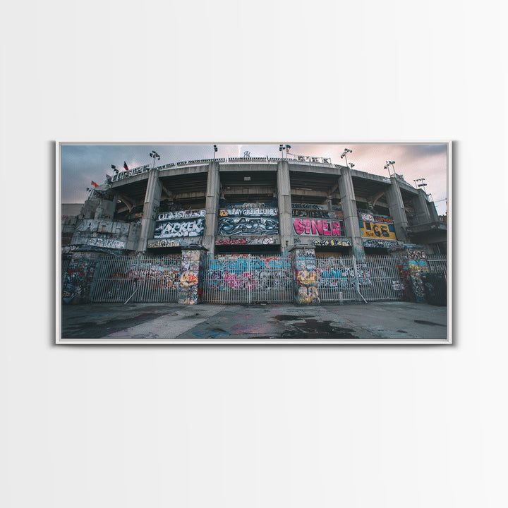 Abandoned Graffiti Stadium Facade Wall Art, Urban Street Art Canvas Print, Industrial Decor, Man Cave And Office Wall Decor