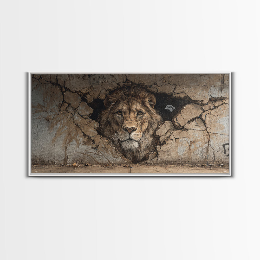 Cracked Wall Lion Mural Wall Art, Wildlife Graffiti Canvas Print, Big Cat Street Art, Urban Decor For Modern Living Room