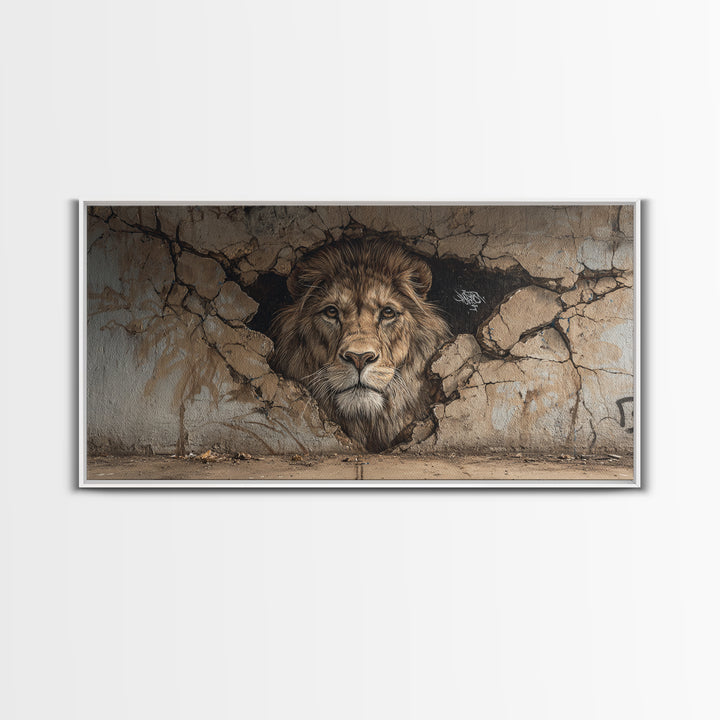 Cracked Wall Lion Mural Wall Art, Wildlife Graffiti Canvas Print, Big Cat Street Art, Urban Decor For Modern Living Room