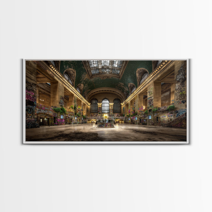 Overgrown Grand Train Station Wall Art, Abandoned Urban Canvas Print, Graffiti Decor, Architecture Poster, Eclectic Wall Decor