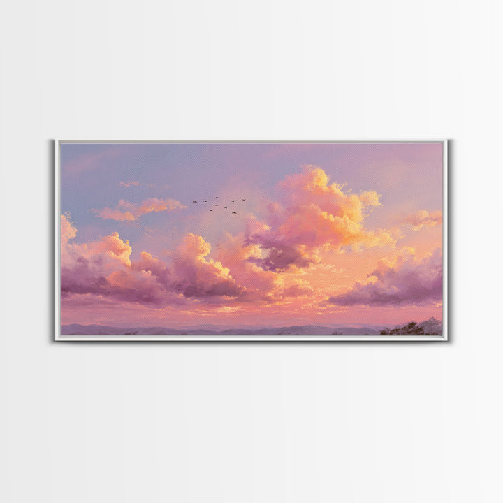 Golden Pink Sunset Clouds Over Mountains Wall Art, Serene Landscape Canvas Print, Living Room Decor, Housewarming Gift For Her