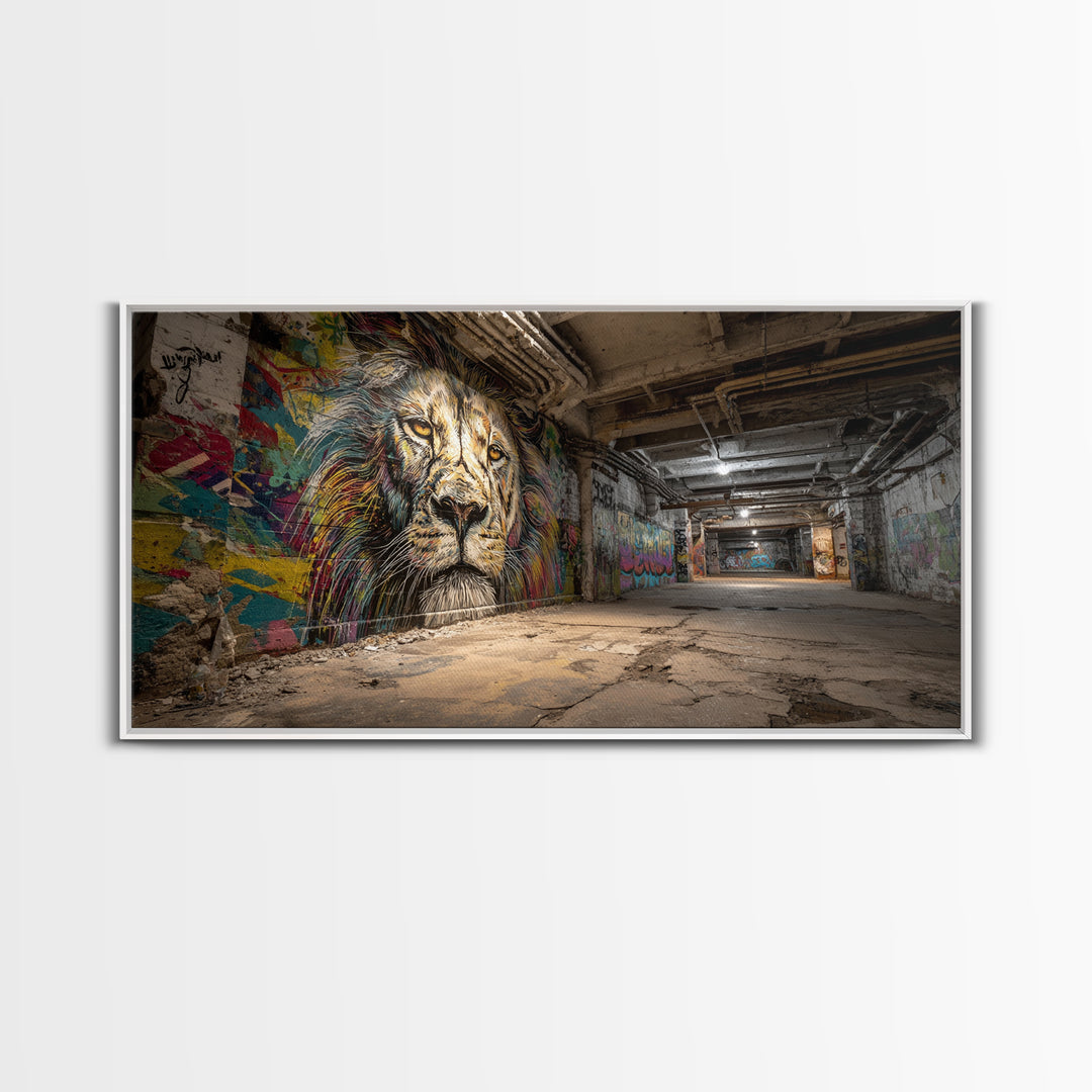 Underground Lion Graffiti Wall Art, Urban Street Art Canvas Print, Industrial Decor, Bold Wildlife Mural For Loft Office