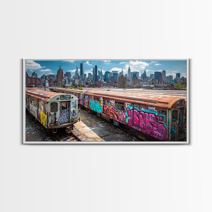 Graffiti Subway Trains With New York Skyline Wall Art, Urban Street Art Canvas Print, NYC Decor, Industrial Office Poster