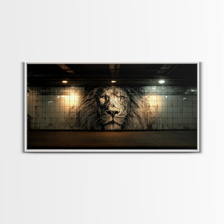 Black And White Lion Mural Wall Art, Urban Street Art Canvas, Industrial Loft Decor, Masculine Office Wall Decor, Bold Art Print