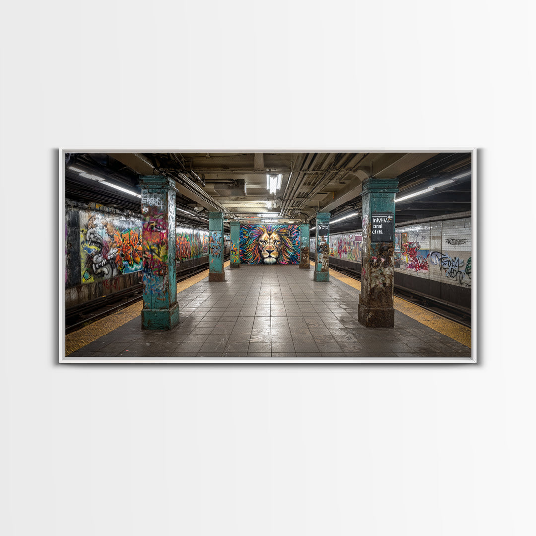 Graffiti Subway Platform With Lion Mural Wall Art, Urban Street Art Canvas Print, Pop Art Decor, Modern Office Wall Decor