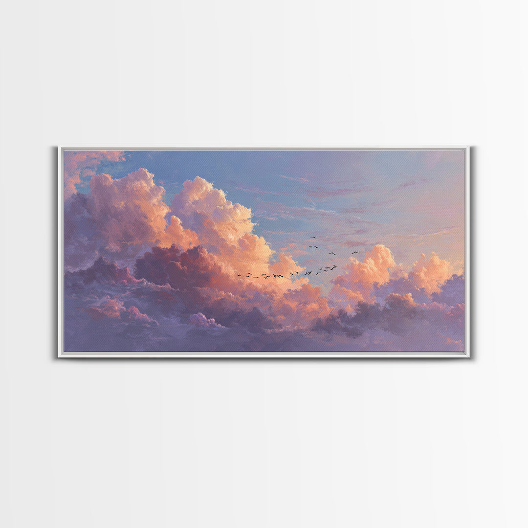 Dramatic Pastel Cloudscape With Birds Canvas Print, Sunset Sky Wall Art, Large Landscape Decor For Living Room, Office Decor