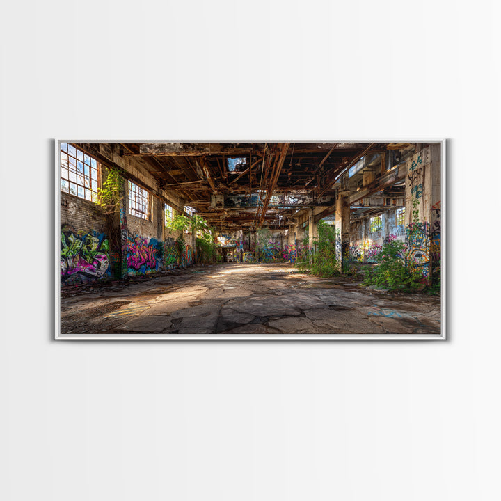 Abandoned Warehouse Graffiti Wall Art, Urban Decay Photography Canvas Print, Industrial Loft Decor, Large Street Art Poster