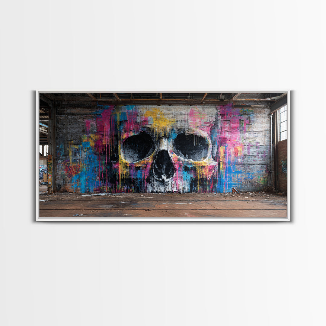 Neon Graffiti Skull Mural In Abandoned Warehouse Wall Art, Street Art Print, Gothic Decor, Edgy Urban Poster, Man Cave Decor