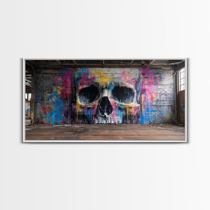 Neon Graffiti Skull Mural In Abandoned Warehouse Wall Art, Street Art Print, Gothic Decor, Edgy Urban Poster, Man Cave Decor