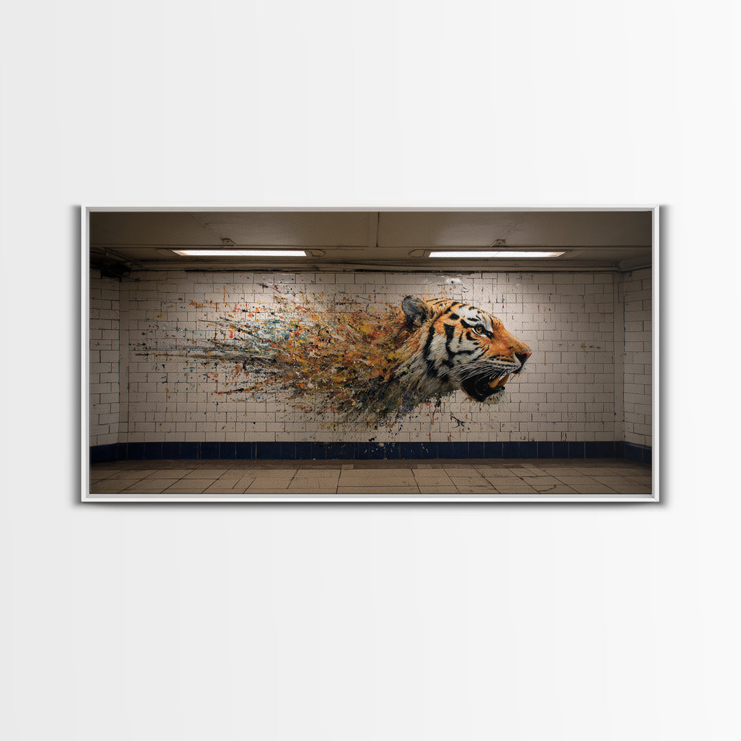 Exploding Tiger Subway Mural Wall Art, Urban Street Art Canvas Print, Bold Animal Decor, Maximalist Gift For Him Modern Loft
