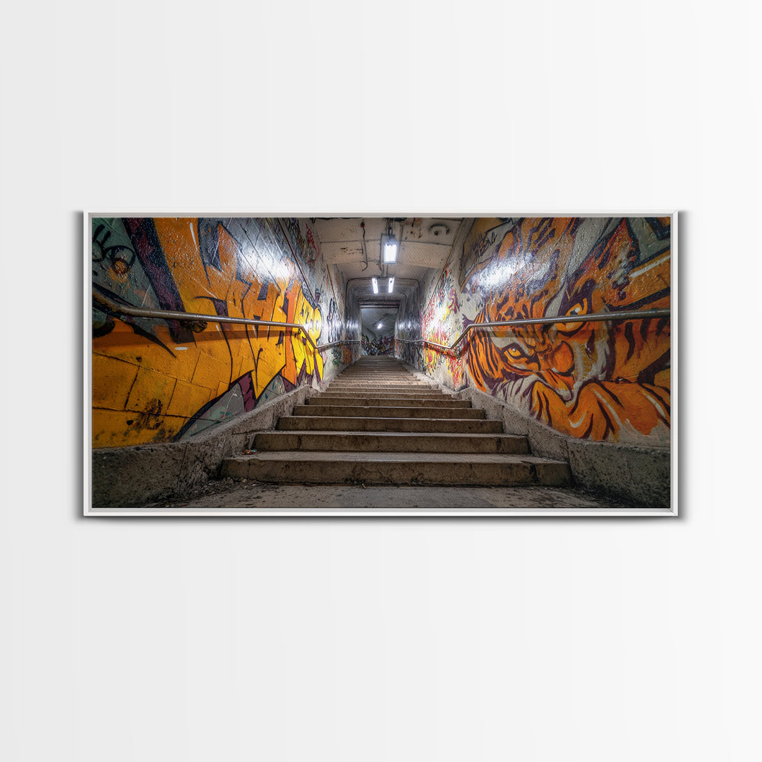 Graffiti Stairway Tunnel Wall Art, Underground Urban Street Art Canvas Print, Gritty Industrial Decor, Colorful Modern Art