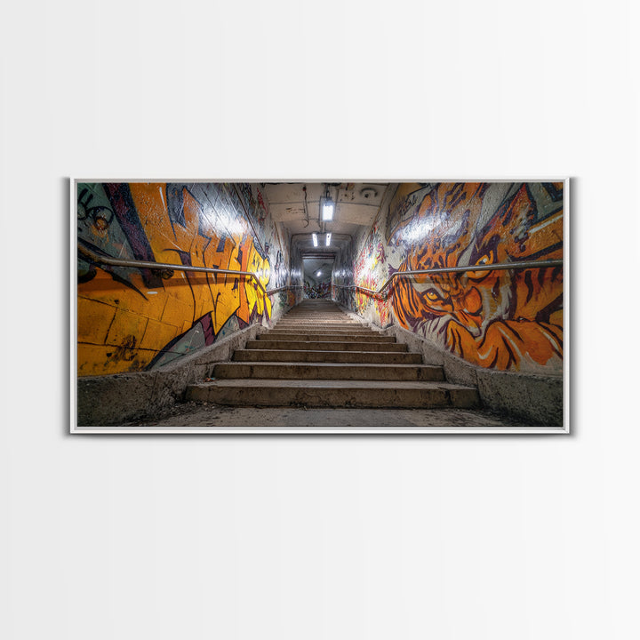 Graffiti Stairway Tunnel Wall Art, Underground Urban Street Art Canvas Print, Gritty Industrial Decor, Colorful Modern Art