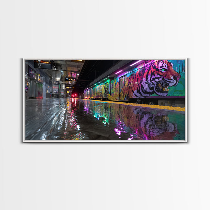 Neon Tiger Train Station Wall Art, Urban Subway Graffiti Canvas Print, Cyberpunk Animal Decor For Modern Living Room Gallery