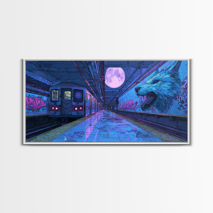 Moonlit Subway Wolf Canvas Print, Cyberpunk Train Station Wall Art, Neon Animal Graffiti Decor, Modern Urban Home Decor For Gamer Room