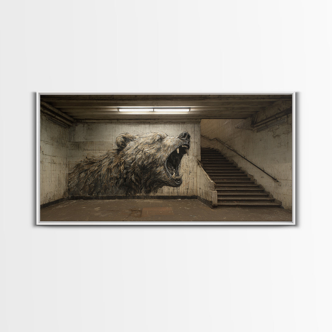 Roaring Bear Urban Subway Wall Art, Black And White Graffiti Canvas Print, Industrial Bathroom Decor, Animal Poster, Gift