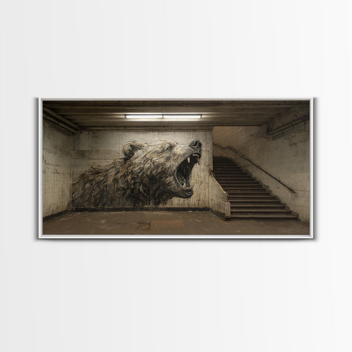 Roaring Bear Urban Subway Wall Art, Black And White Graffiti Canvas Print, Industrial Bathroom Decor, Animal Poster, Gift