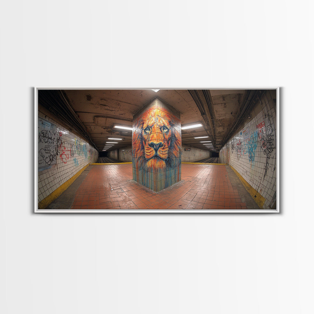 Lion Graffiti Mural In Subway Tunnel Canvas Print, Urban Street Art, Bold Animal Wall Decor, Modern Maximalist Home Decor