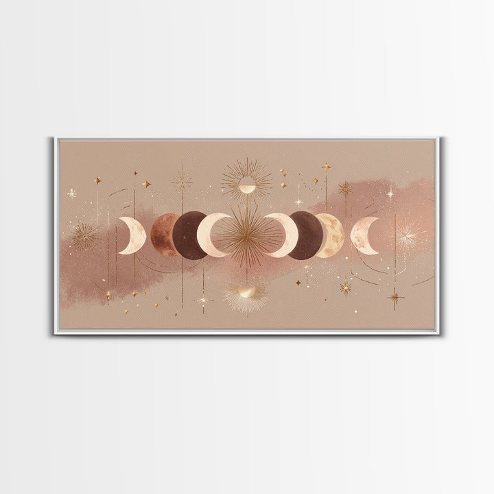 Boho Moon Phases And Radiant Sun Wall Art, Celestial Decor, Mystical Stars Print, Neutral Boho Bedroom Gallery Canvas Print